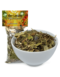 Banho de Ervas Abre Caminho da marca Djovia, pacote fechado e vasilha branca funda. À venda para todo o Brasil na Natureza Divina.