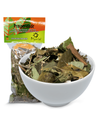 Banho de Ervas Prosperidade da marca Djovia, pacote fechado e vasilha branca funda. À venda para todo o Brasil na Natureza Divina.