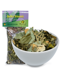 Banho de Ervas Quebra Demanda da marca Djovia, pacote fechado e vasilha branca funda. À venda para todo o Brasil na Natureza Divina.