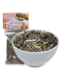 Banho de Ervas Sal Grosso mais Ervas Escalda-Pés da marca Djovia, pacote fechado e vasilha branca funda. À venda para todo o Brasil na Natureza Divina.