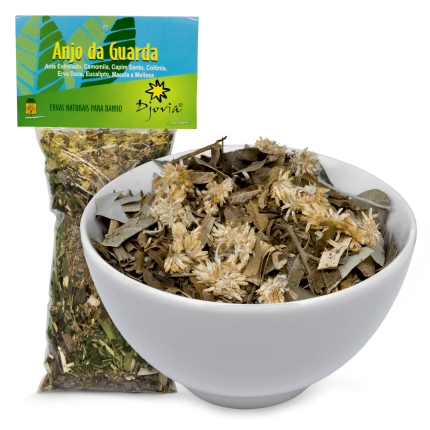 Banho de Ervas Anjo da Guarda da marca Djovia, pacote fechado e vasilha branca funda. À venda para todo o Brasil na Natureza Divina.