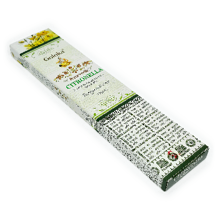 Incenso Citronella, da marca Goloka, da linha Ayurvedic, parte da frente da embalagem disposta sobre um fundo branco, destacando peso líquido de 15 gramas, disponível para todo o Brasil na loja Natureza Divina.