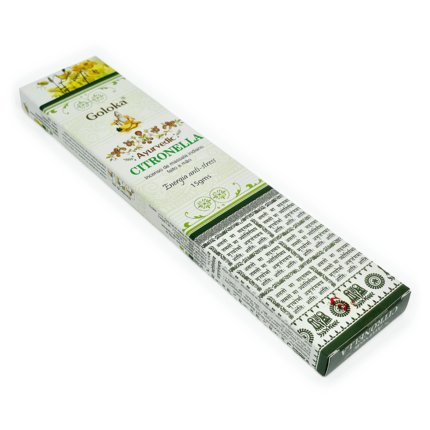 Incenso Citronella, da marca Goloka, da linha Ayurvedic, parte da frente da embalagem disposta sobre um fundo branco, destacando peso líquido de 15 gramas, disponível para todo o Brasil na loja Natureza Divina.