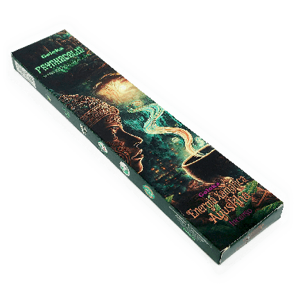 Incenso Energia Xamânica Ayahuasca, da marca Goloka, da linha Psychedelic, parte da frente da embalagem disposta sobre um fundo branco, disponível para todo o Brasil na loja Natureza Divina.