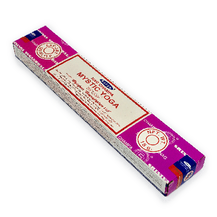 Incenso Indiano Mystic Yoga, da marca Satya, parte da frente da embalagem disposta sobre um fundo branco, disponível para todo o Brasil na loja Natureza Divina.