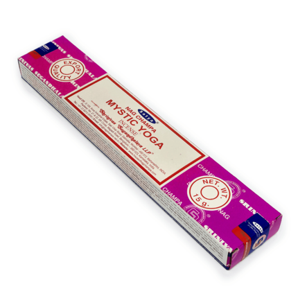 Incenso Indiano Mystic Yoga, da marca Satya, parte da frente da embalagem disposta sobre um fundo branco, disponível para todo o Brasil na loja Natureza Divina.