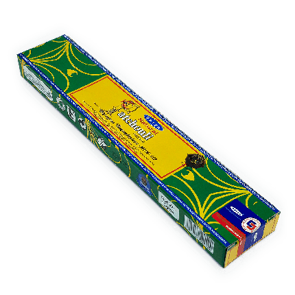 Incenso Indiano Patchouli, da marca Satya, parte da frente da embalagem disposta sobre um fundo branco, disponível para todo o Brasil na loja Natureza Divina.