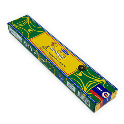Incenso Indiano Patchouli, da marca Satya, parte da frente da embalagem disposta sobre um fundo branco, disponível para todo o Brasil na loja Natureza Divina.