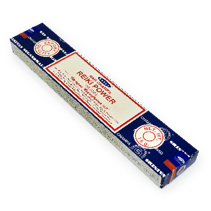 Incenso Indiano Reiki Power, da marca Satya, parte da frente da embalagem disposta sobre um fundo branco, disponível para todo o Brasil na loja Natureza Divina.