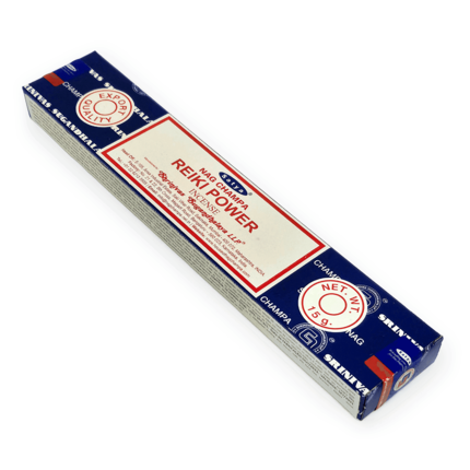 Incenso Indiano Reiki Power, da marca Satya, parte da frente da embalagem disposta sobre um fundo branco, disponível para todo o Brasil na loja Natureza Divina.