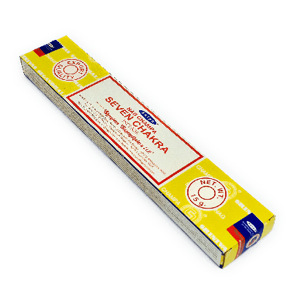 Incenso Indiano Seven Chakra, da marca Satya, parte da frente da embalagem disposta sobre um fundo branco, disponível para todo o Brasil na loja Natureza Divina.