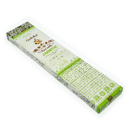 Incenso Jasmine, da marca Goloka, da linha Ayurvedic, parte da frente da embalagem disposta sobre um fundo branco, destacando peso líquido de 15 gramas, disponível para todo o Brasil na loja Natureza Divina.