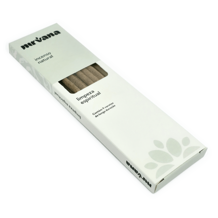 Incenso Natural Limpeza Espiritual, da marca Nirvana, parte da frente da embalagem disposta sobre um fundo branco, disponível para todo o Brasil na loja Natureza Divina.