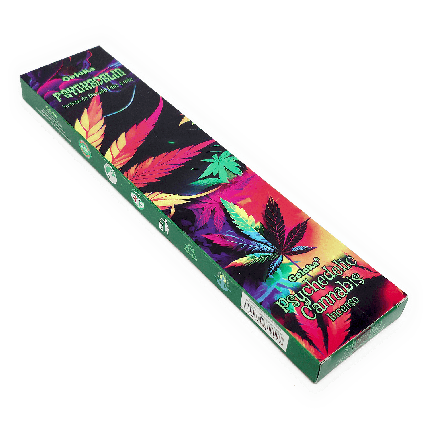 Incenso Psychedelic Cannabis, da marca Goloka, da linha Psychedelic, parte da frente da embalagem disposta sobre um fundo branco, disponível para todo o Brasil na loja Natureza Divina.