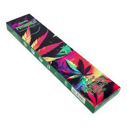 Incenso Psychedelic Cannabis, da marca Goloka, da linha Psychedelic, parte da frente da embalagem disposta sobre um fundo branco, disponível para todo o Brasil na loja Natureza Divina.