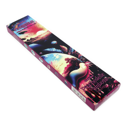 Incenso Psychedelic Frambosa, da marca Goloka, da linha Psychedelic, parte da frente da embalagem disposta sobre um fundo branco, disponível para todo o Brasil na loja Natureza Divina.