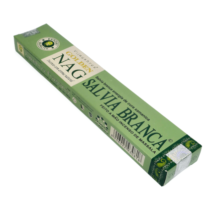 Incenso Sálvia Branca, linha Golden Nag Richness of Nature, da marca Vijayshree Fragrance, visto de cima em um fundo branco, lado frontal. Vendido pela loja Natureza Divina.