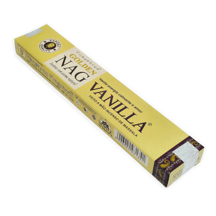 Incenso Vanilla, linha Golden Nag Richness of Nature, da marca Vijayshree Fragrance, visto de cima em um fundo branco, lado frontal. Vendido pela loja Natureza Divina.