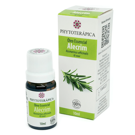 Frasco e embalagem do Óleo Essencial de Alecrim, de 10 ml, da marca Phytoterápica, com ilustração da planta na embalagem. À venda na loja Natureza Divina.