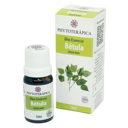 Frasco e embalagem do Óleo Essencial de Bétula, de 10 ml, da marca Phytoterápica, com ilustração da planta na embalagem. À venda na loja Natureza Divina.