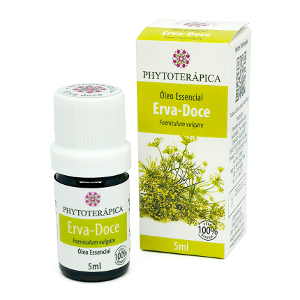 Frasco e embalagem do Óleo Essencial de Erva-Doce, de 5 ml, da marca Phytoterápica, com ilustração da planta na embalagem. À venda na loja Natureza Divina.