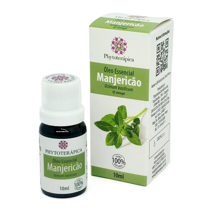 Frasco e embalagem do Óleo Essencial de Manjericão, de 10 ml, da marca Phytoterápica, com ilustração da planta na embalagem. À venda na loja Natureza Divina.