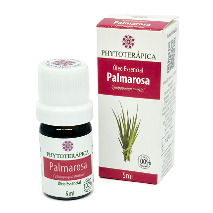 Frasco e embalagem do Óleo Essencial de Palmarosa, de 5 ml, da marca Phytoterápica, com ilustração da planta na embalagem. À venda na loja Natureza Divina.