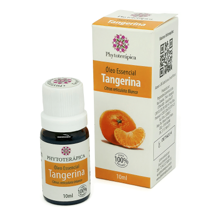 Frasco e embalagem do Óleo Essencial de Tangerina, de 10 ml, da marca Phytoterápica, com ilustração da planta na embalagem. À venda na loja Natureza Divina.