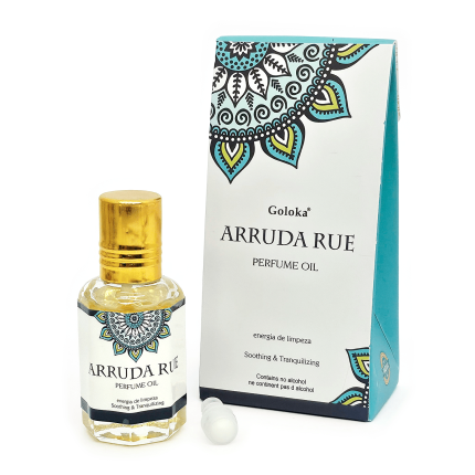 Óleo Perfumado Arruda Rue, da marca Goloka. Frasco de 10 ml vendido pela Loja Natureza Divina. Embalagem e frasco.