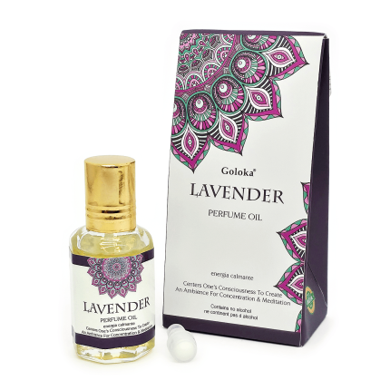 Óleo Perfumado Lavander, da marca Goloka. Frasco de 10 ml vendido pela Loja Natureza Divina. Embalagem e frasco.