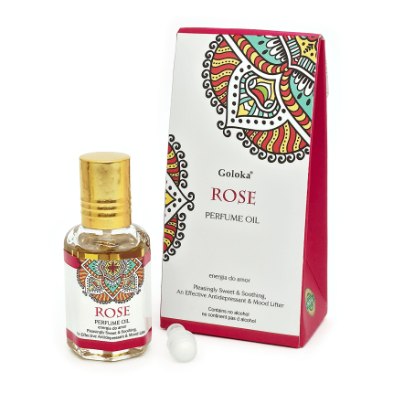 Óleo Perfumado Rose, da marca Goloka. Frasco de 10 ml vendido pela Loja Natureza Divina. Embalagem e frasco.