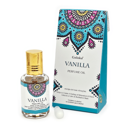 Óleo Perfumado Vanilla, da marca Goloka. Frasco de 10 ml vendido pela Loja Natureza Divina. Embalagem e frasco.