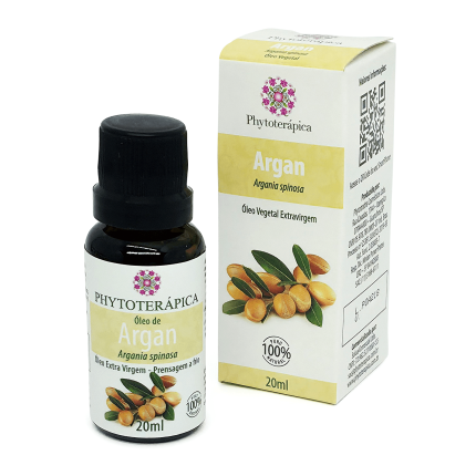 Frasco e embalagem do Óleo Vegetal de Argan, de 20 ml, da marca Phytoterápica, com ilustração da planta na embalagem. À venda na loja Natureza Divina.