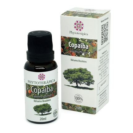 Frasco e embalagem do Óleo Vegetal de Copaíba, de 20 ml, da marca Phytoterápica, com ilustração da planta na embalagem. À venda na loja Natureza Divina.