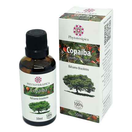 Frasco e embalagem do Óleo Vegetal de Copaíba, de 50 ml, da marca Phytoterápica, com ilustração da planta na embalagem. À venda na loja Natureza Divina.