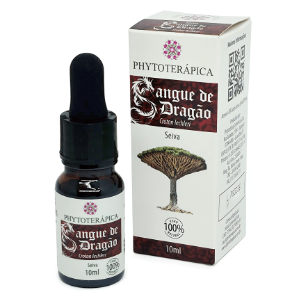 Frasco e embalagem dda Seiva de Sangue-de-Dragão, de 10 ml, da marca Phytoterápica, com ilustração da planta na embalagem. À venda na loja Natureza Divina.