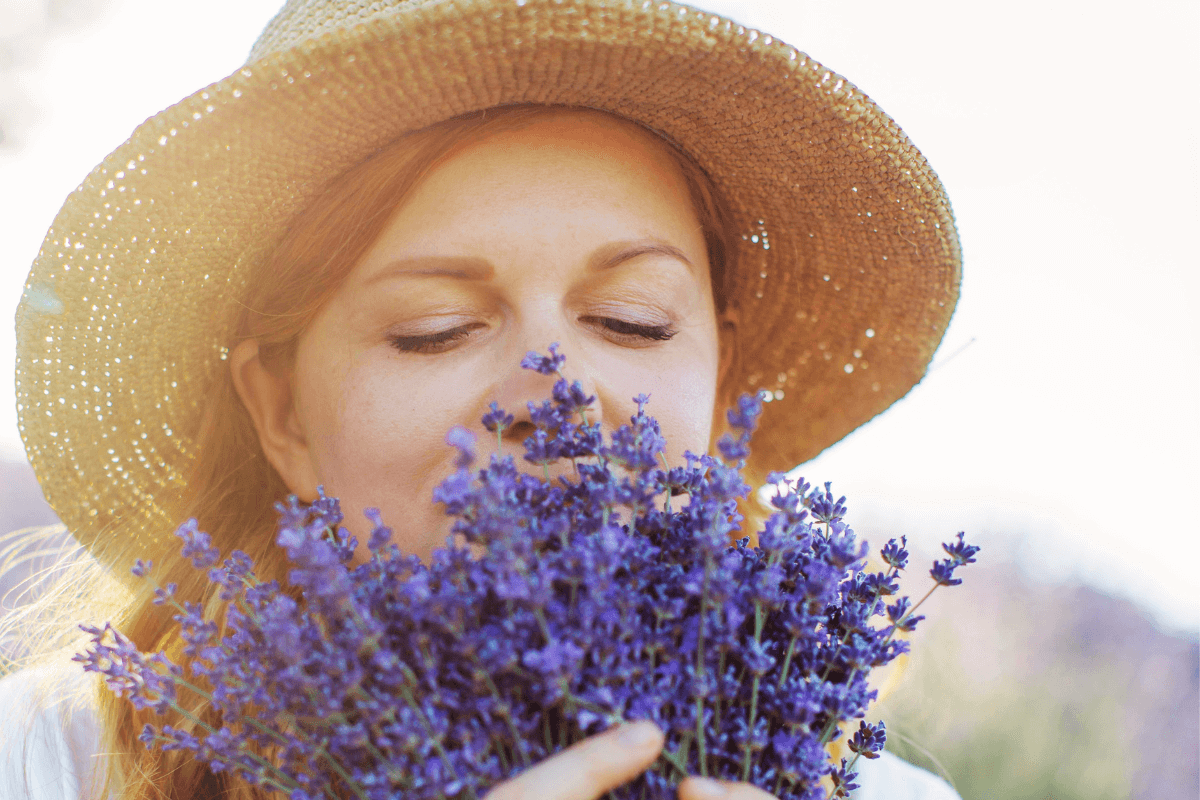 Mulher de chapéu de palha cheirando buquê de flores de lavanda com os olhos fechados.