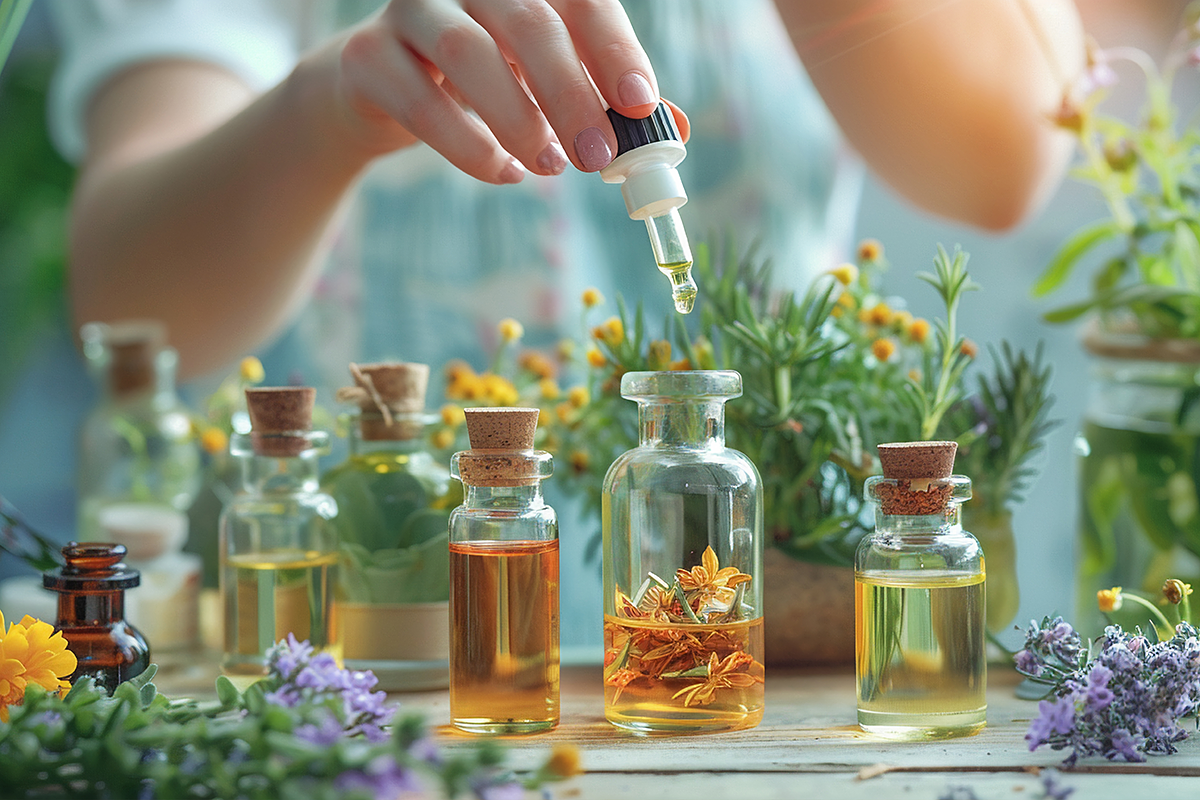 Mesa repleta de plantas medicinais, óleos e fitoterápicos. Ao fundo, é visível a parte do torso de uma mulher segurando um conta-gotas sobre um dos frascos de vidro com extrato de planta.