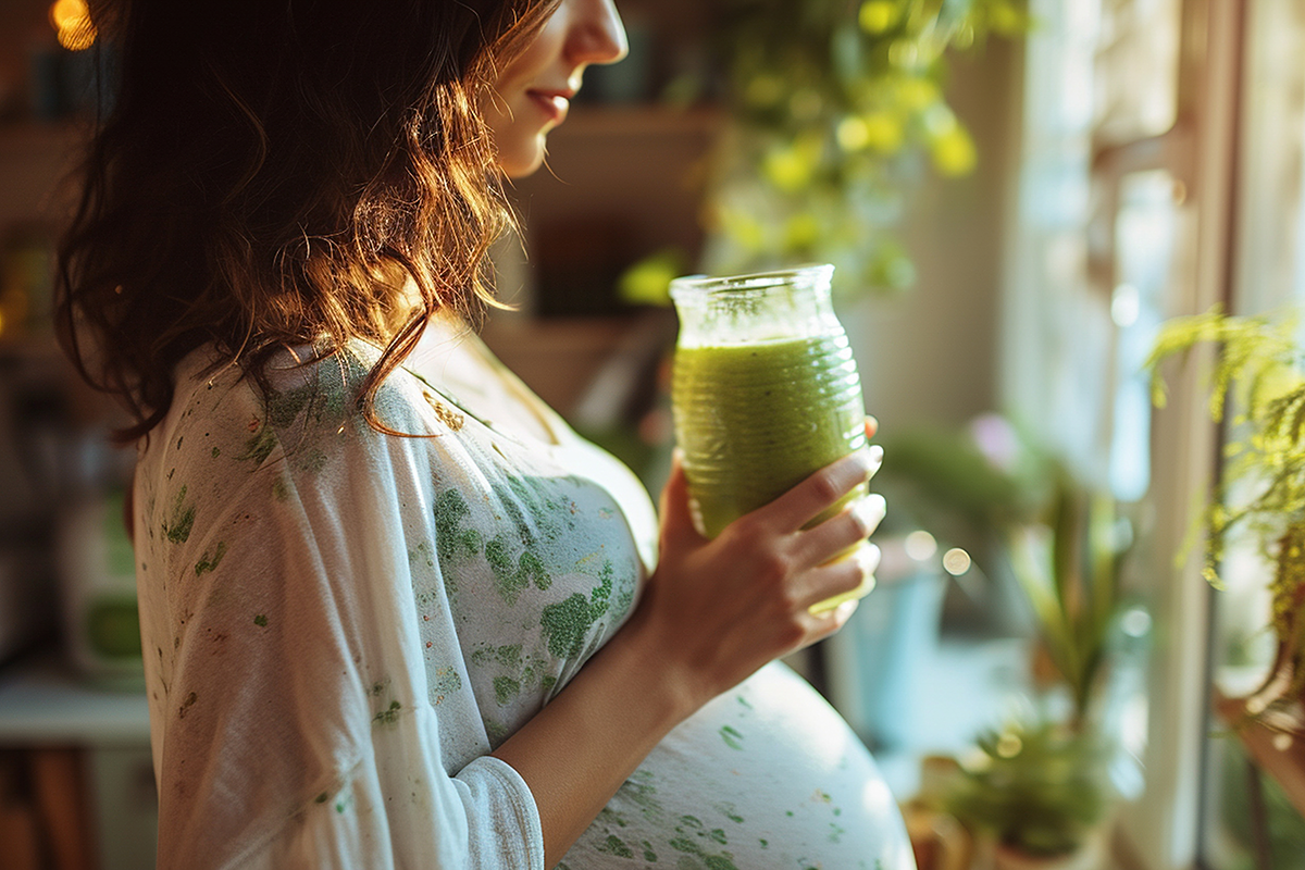 Perfil de uma mulher grávida segurando um copo de vidro com chá de planta medicinal. O fundo borrado mostra uma casa repleta de plantas.