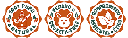 Selos de qualidade e segurança: produto 100% puro e natural; vegano e cruelty-free; compromisso ambiental e ético.